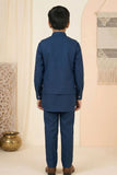 Blue Embroidered Kurta Set With Mandarin Collar For Boys