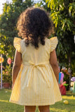 Cheerful Girls Yellow And White Striped Shirt Dress with 3D Floral Applique