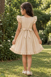 Girls Fawn Floral Embroidered Ruffle Sleeve Flared Dress