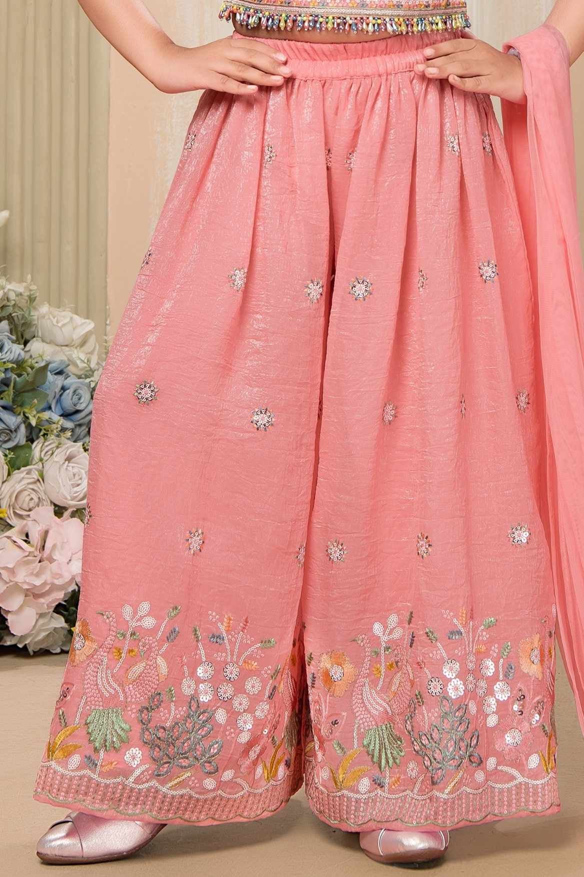 Peach Thread Embroidered Palazzo Set For Girls