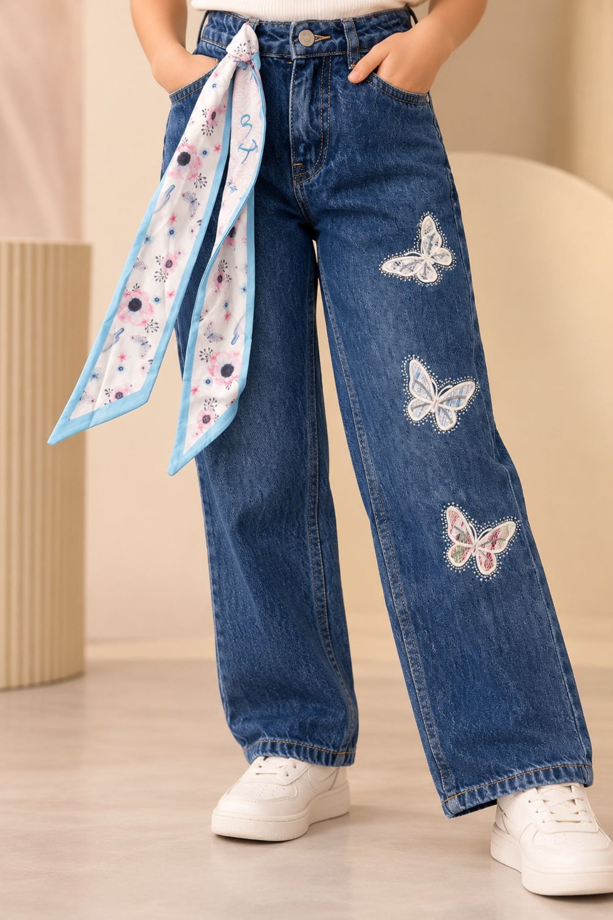 Blue Butterfly Embellished Straight Fit Denim Jeans with Floral Scar For Girls