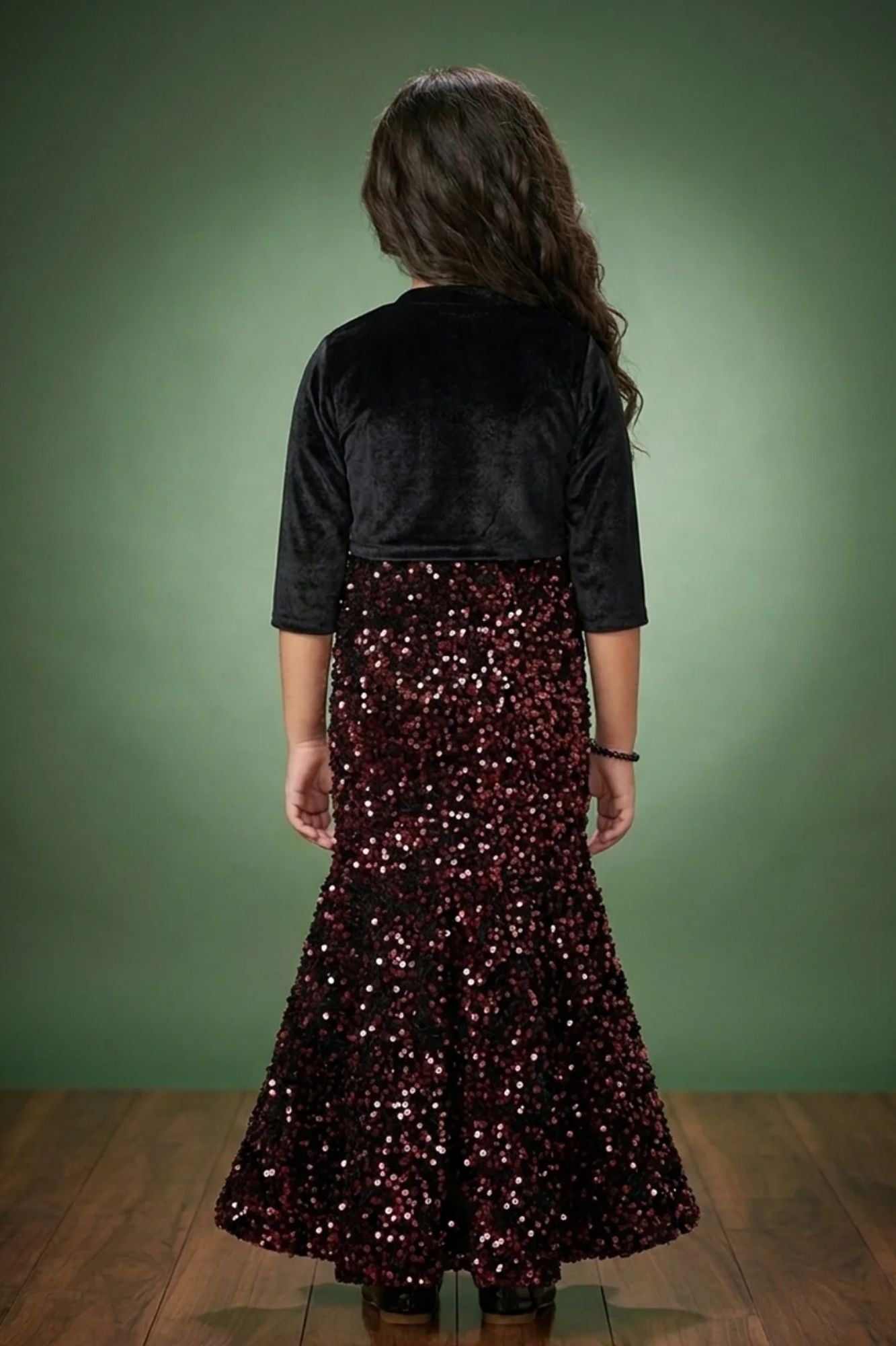Black and Wine Sequin Mermaid Gown with Shrug For Girls