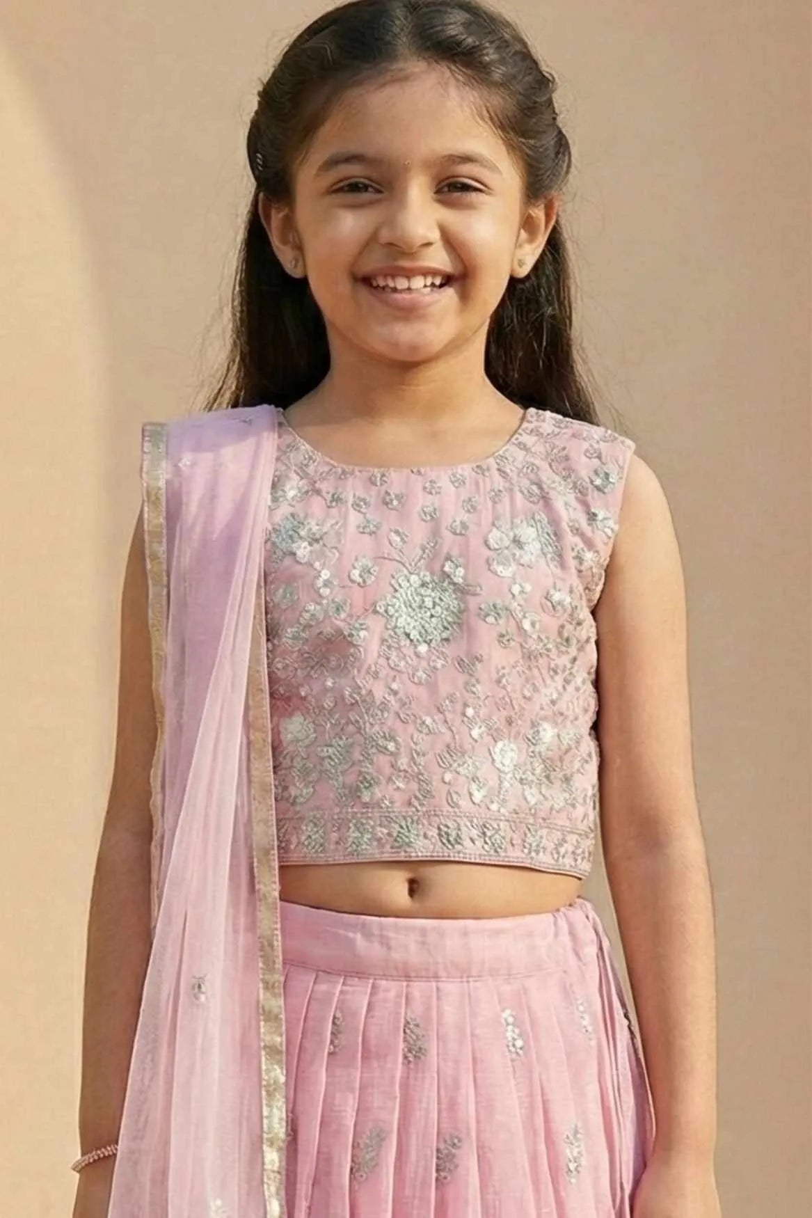Pink Floral Embroidered Lehenga Choli with Dupatta For Girls
