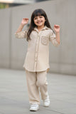 Cream Casual Top With Matching Straight Pant Set For Girls
