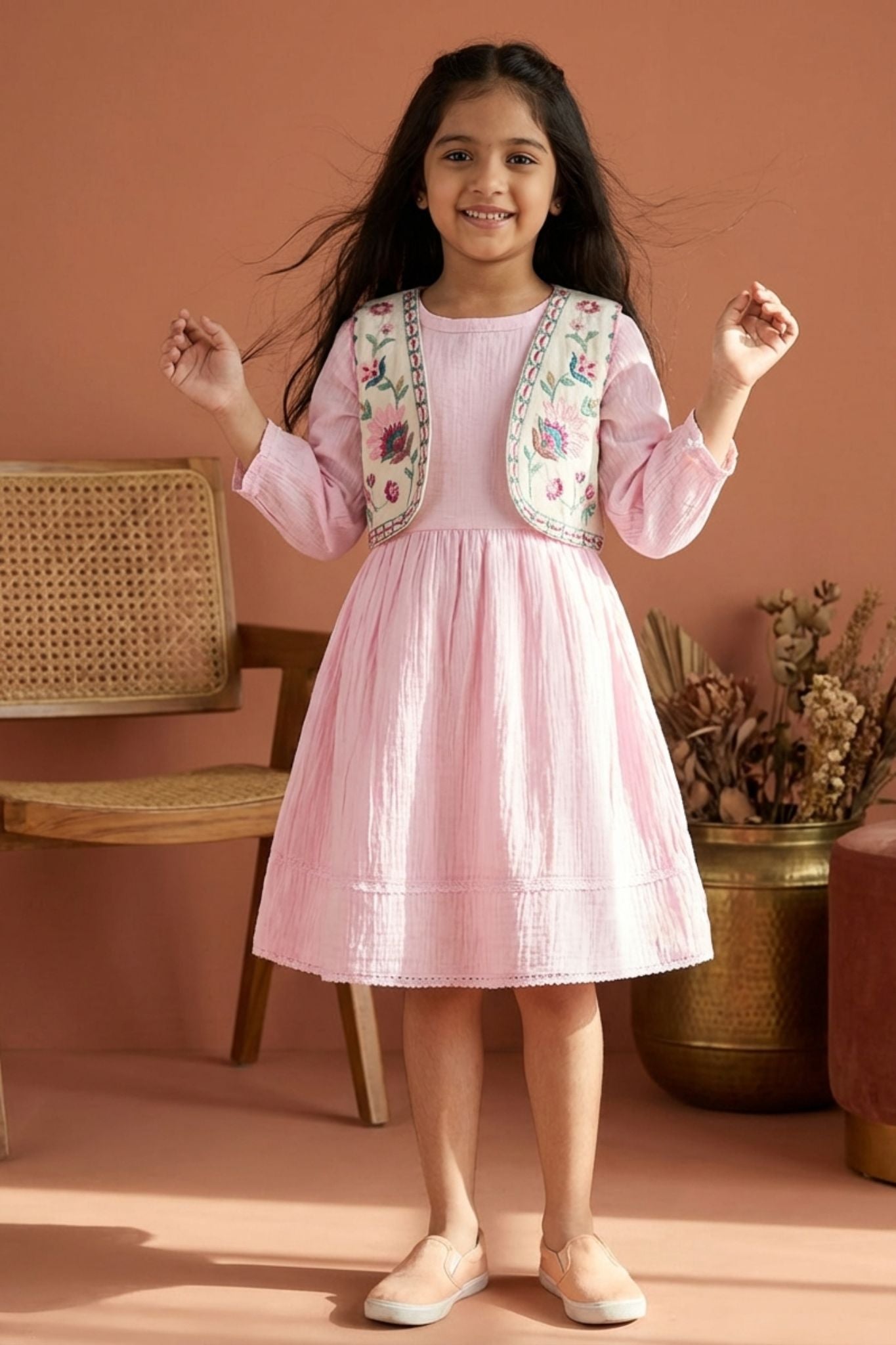 Casual Blush Pink Cotton Dress with Embroidered Jacket for Girls