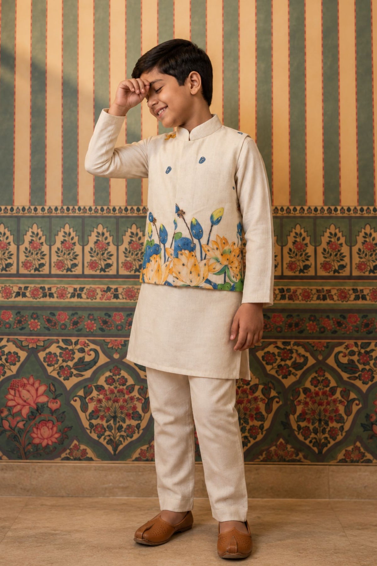 Ivory Kurta Pyjama Set with Floral Printed Nehru Jacket For Boys