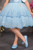 Girls Sky Blue Sequin Bow Party Wear Frock