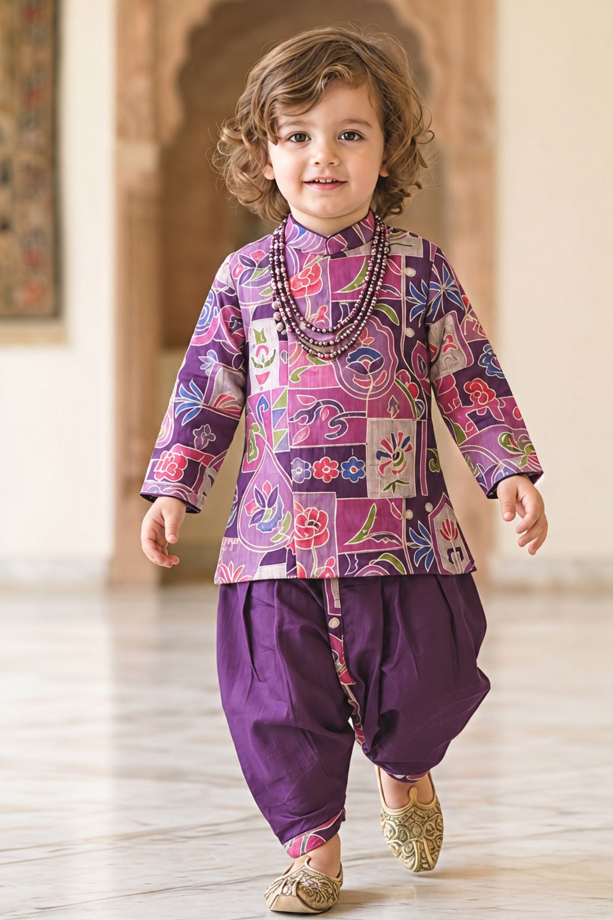 Boys Purple Multicolour Floral Printed Kurta Dhoti Set