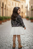 Cream Skirt Set with Black Embroidered Jacket For Girls