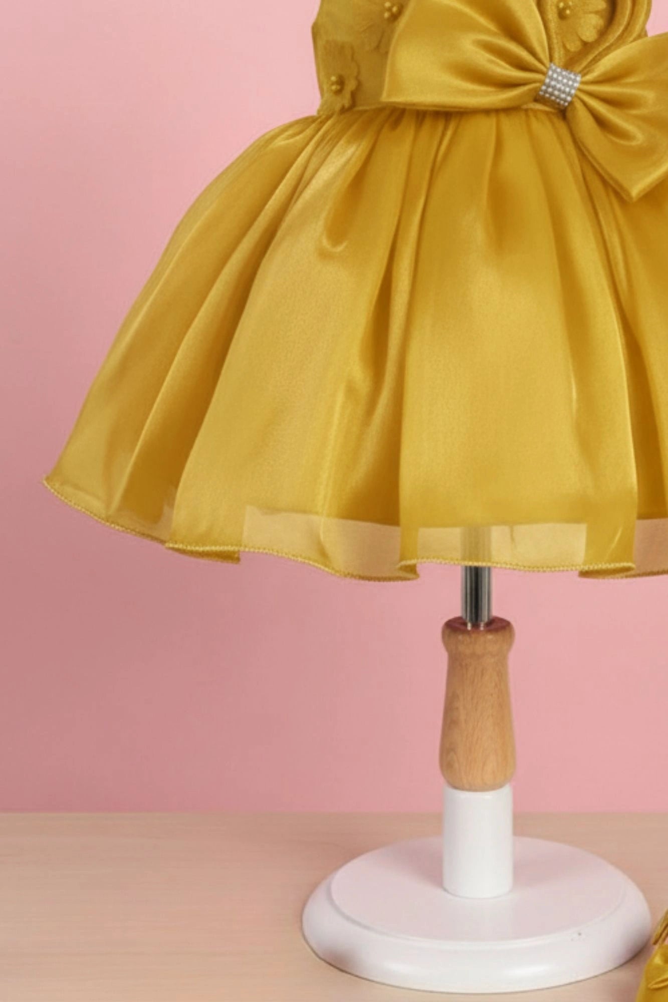 Golden Yellow Party Frock with Statement Bow and 3D Floral Appliqué For Girls