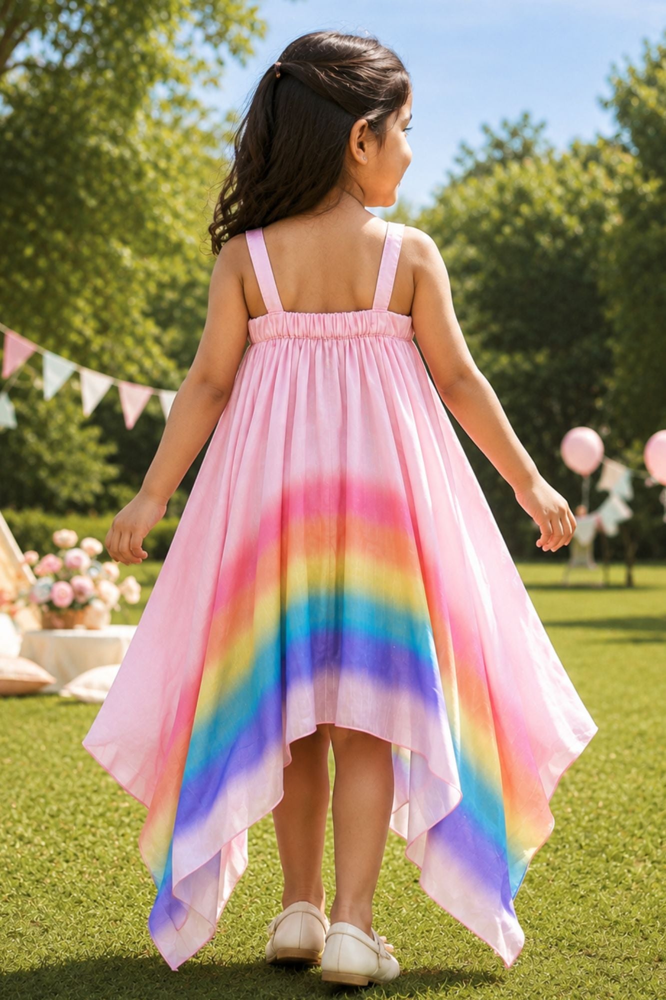Girls Pink Rainbow Ombre Party Wear Dress
