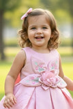 Baby Pink 3D Floral Appliqué With Embroidery Party Wear Frock For Girls