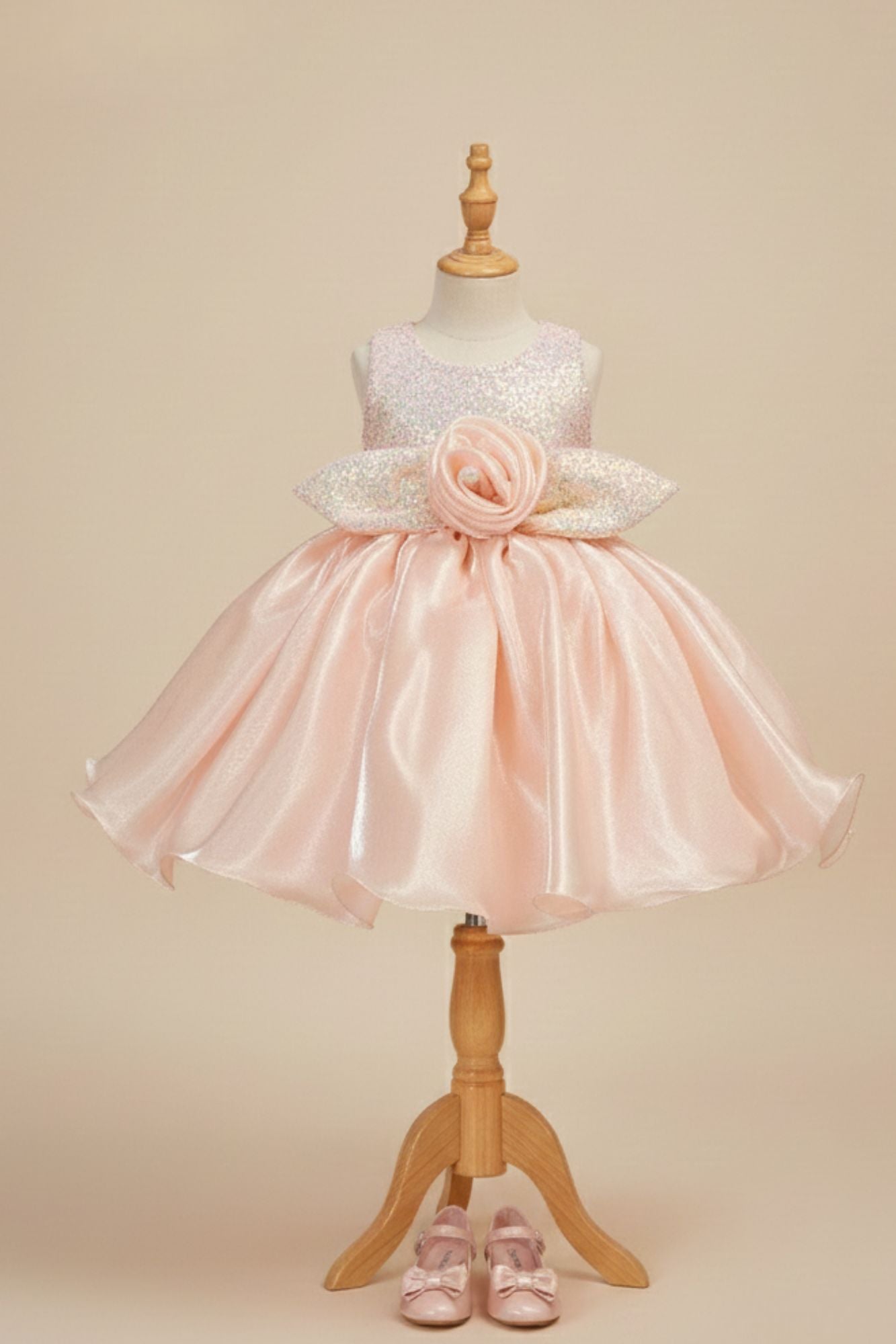Peach Shimmer Party Wear Frock with 3D Floral Appliqué For Girls