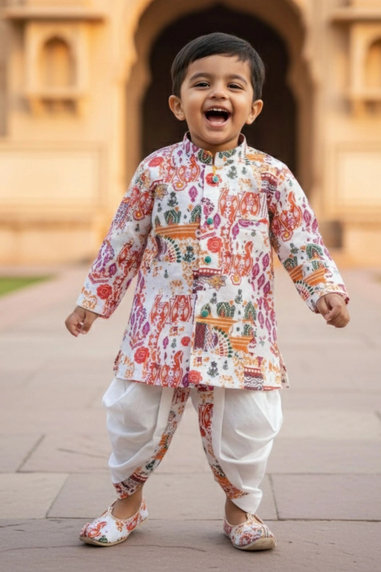 Cream And Multicolor Printed Kurta And Dhoti  Set for Boys