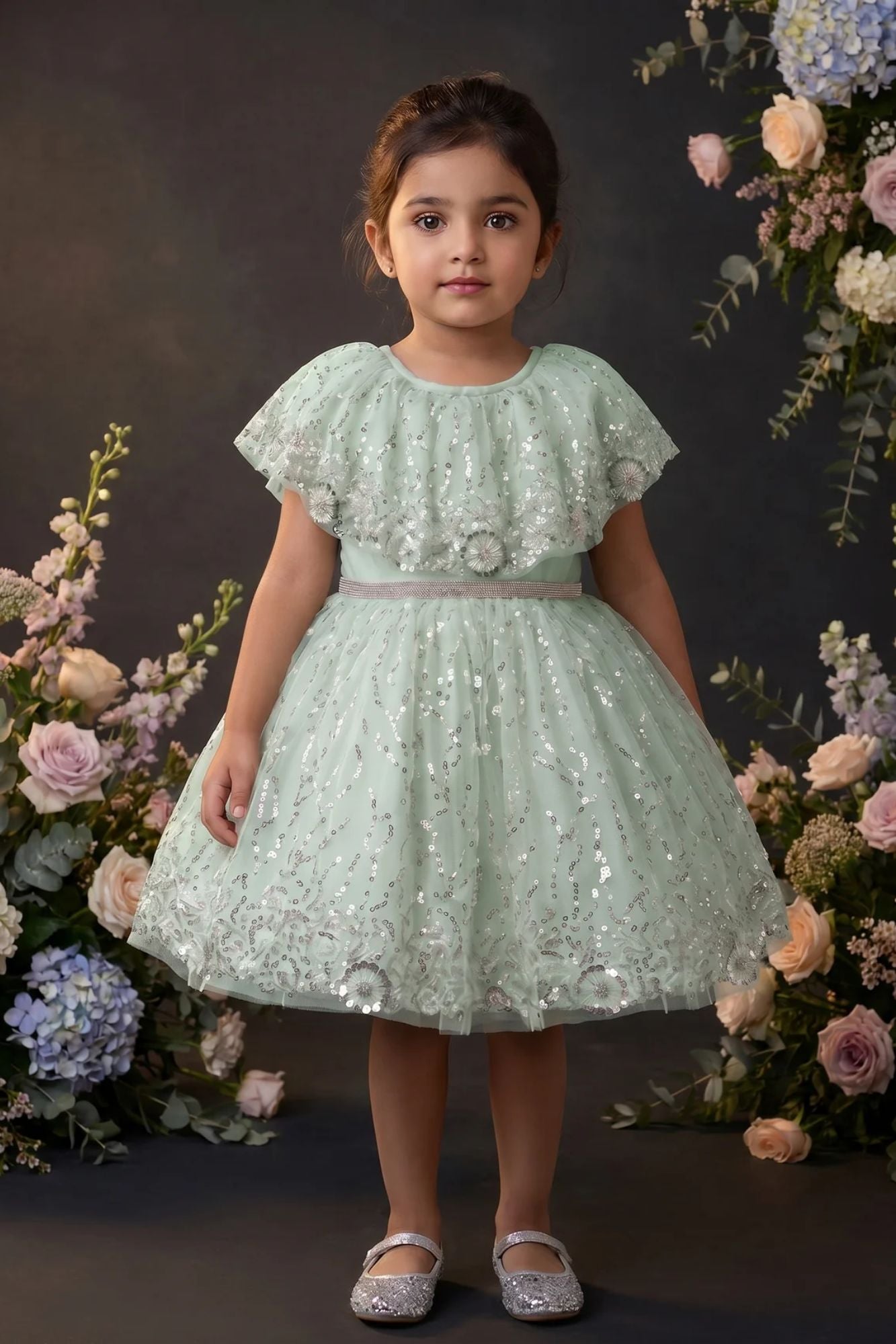 Girls Green Sequinned Net Party Wear Frock with Floral Embellishments