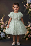 Girls Green Sequinned Net Party Wear Frock with Floral Embellishments