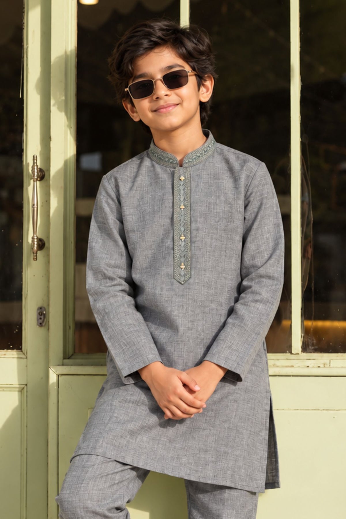 Grey Embroidered Linen Kurta Set For Boys