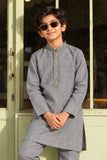 Grey Embroidered Linen Kurta Set For Boys