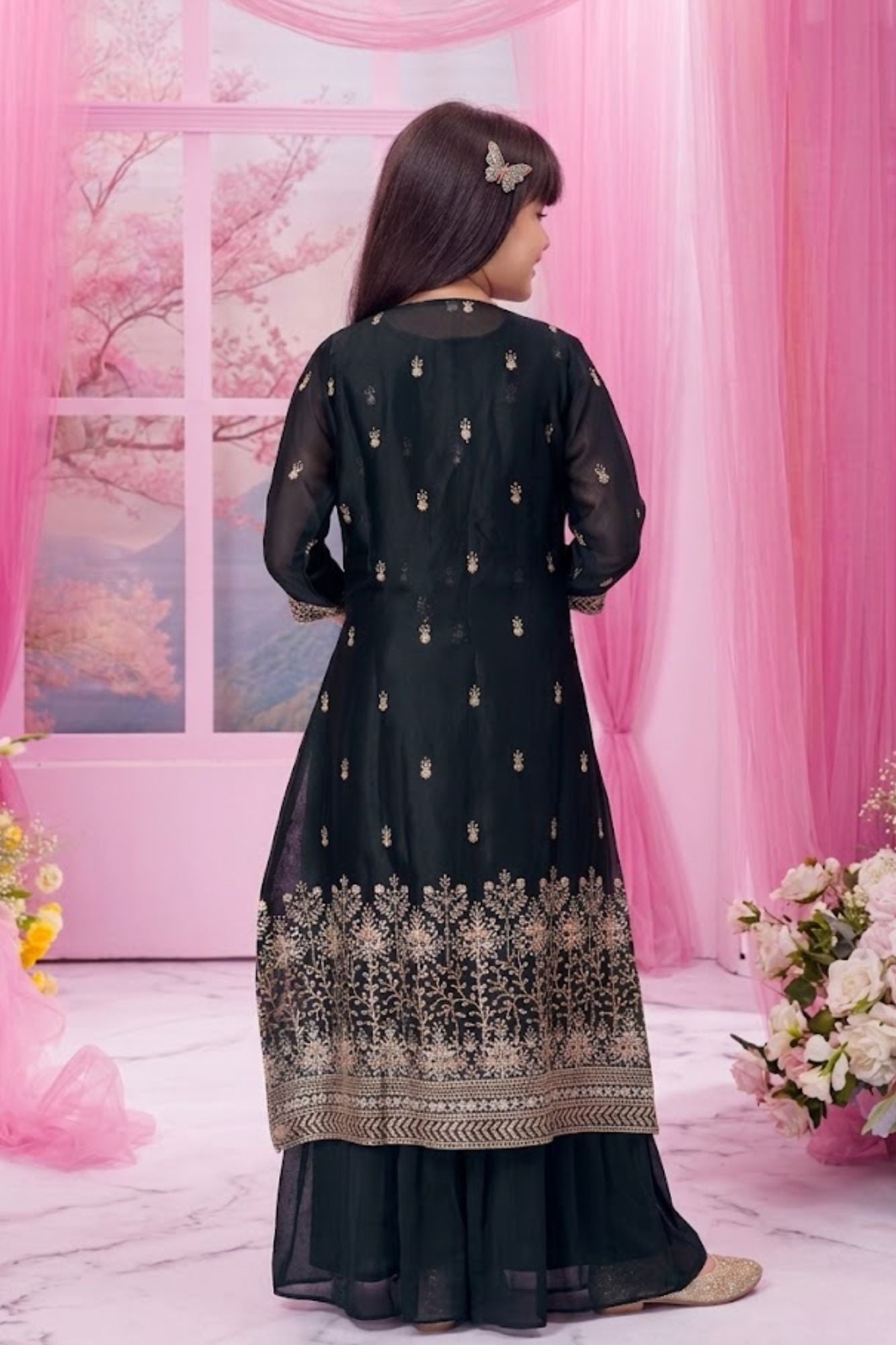 Black Embroidered Palazzo Set with Jacket For Girls