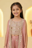 Onion Pink Mirror Embroidered Palazzo Set With Jacket For Girls