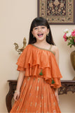 Orange One-Shoulder Ruffled Lehenga Set with Gold Foil Motifs For Girls