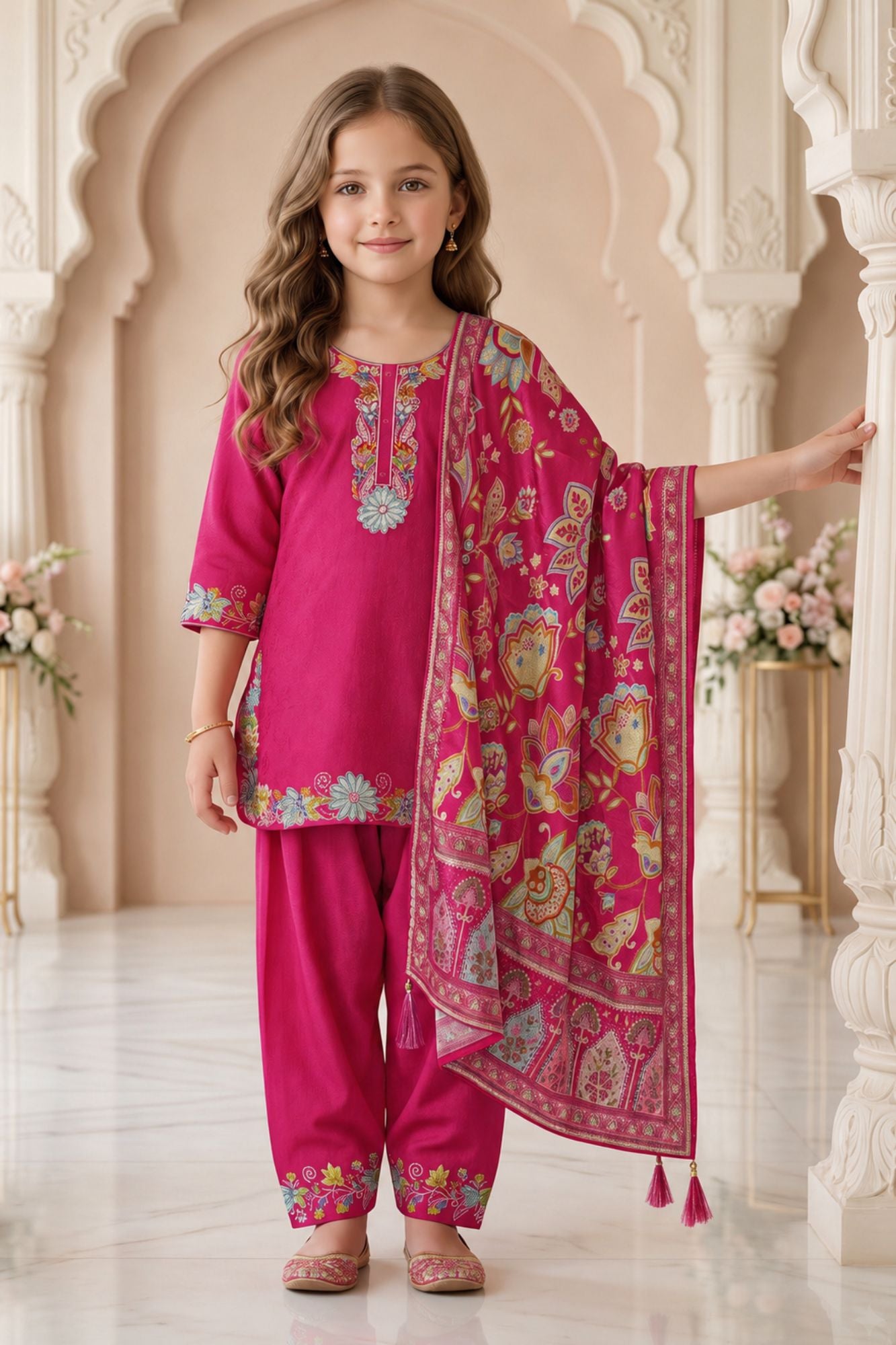 Rani Pink Delicate Floral Embroidered Patiala Set with Dupatta