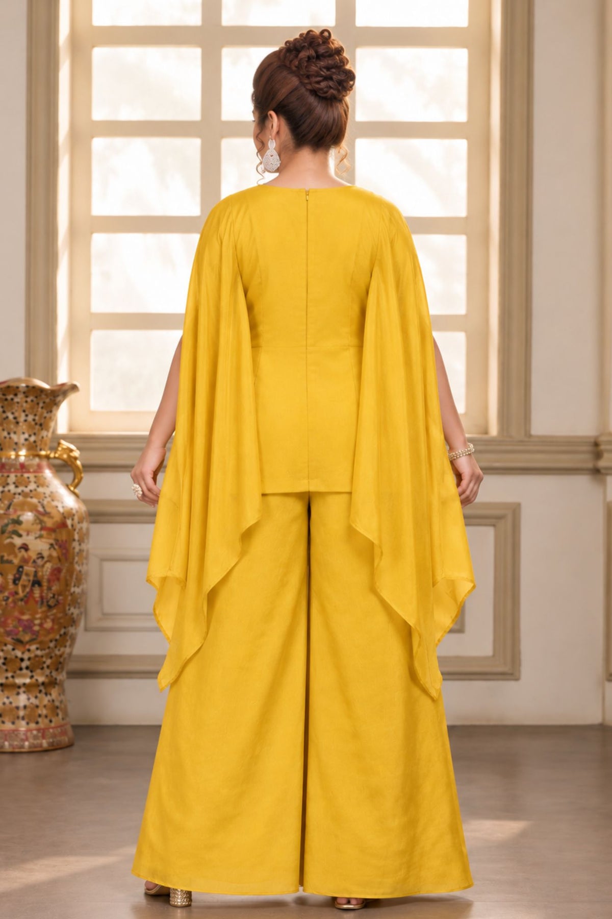 Mustard Yellow Multicolour Embroidered Cape Style Top With Wide-Leg Palazzo Set