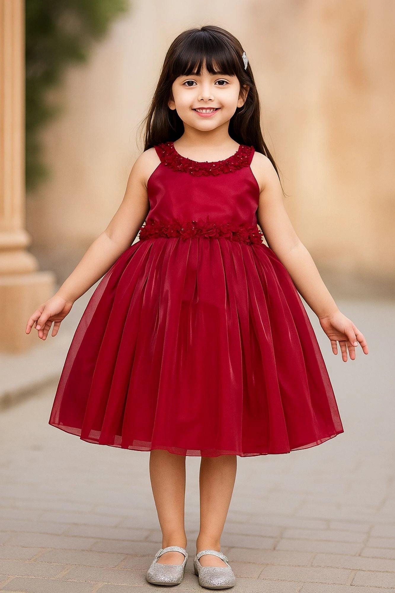 Rani Pink Embellished Satin Party Wear Frock with Floral Appliqué Detailing For Girls