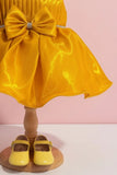 Gold Party Frock with Pleated Bodice and Bow Belt For Girls