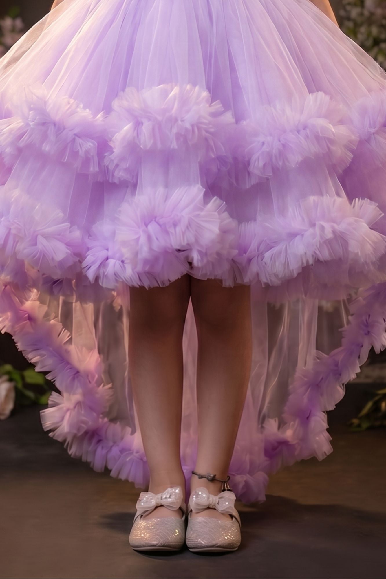 Girls Lavender High Low Party Dress with Sequin Bodice and Layered Tulle