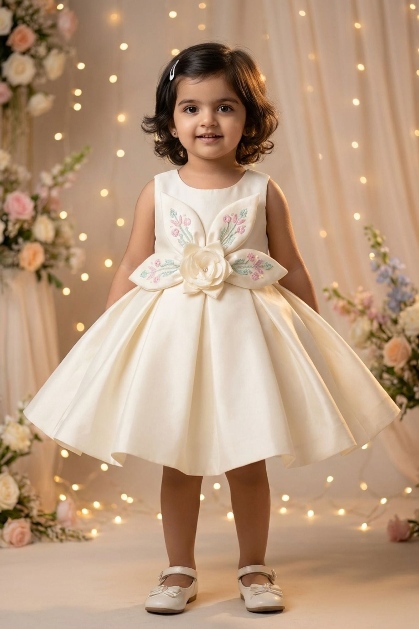 Cream 3D Floral Appliqué With Embroidery Party Wear Frock For Girls