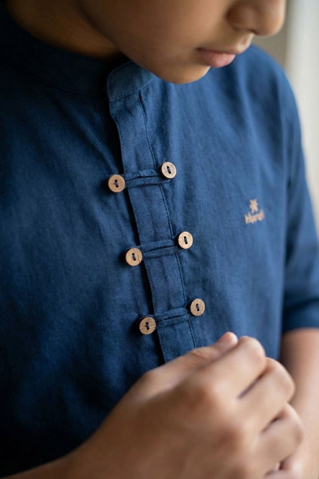Navy Blue Solid Shirt with Mandarin Collar for Boys