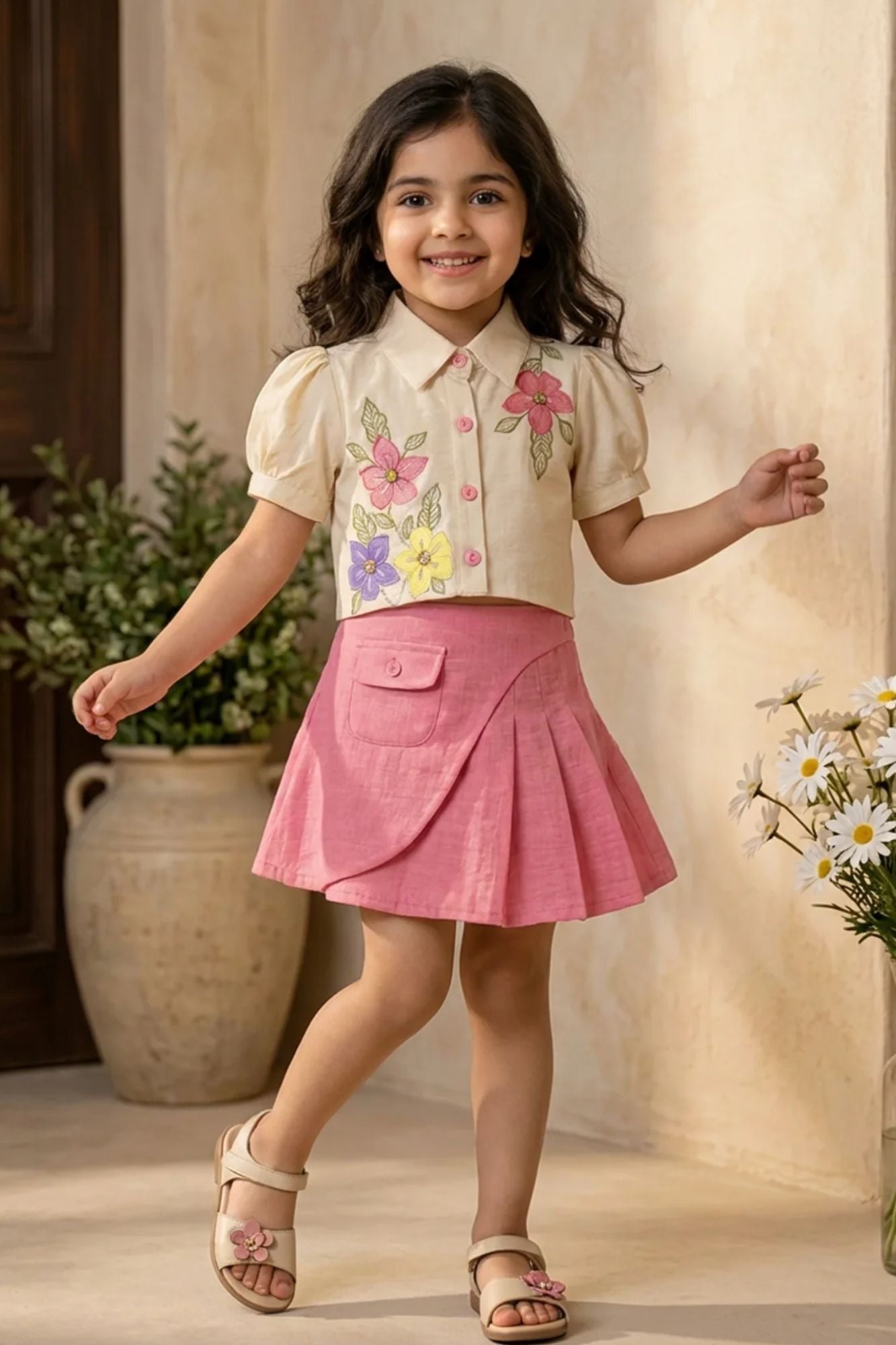 Girls Cream Floral Embroidered Top with Pink Skorts Set