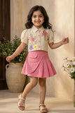 Girls Cream Floral Embroidered Top with Pink Skorts Set