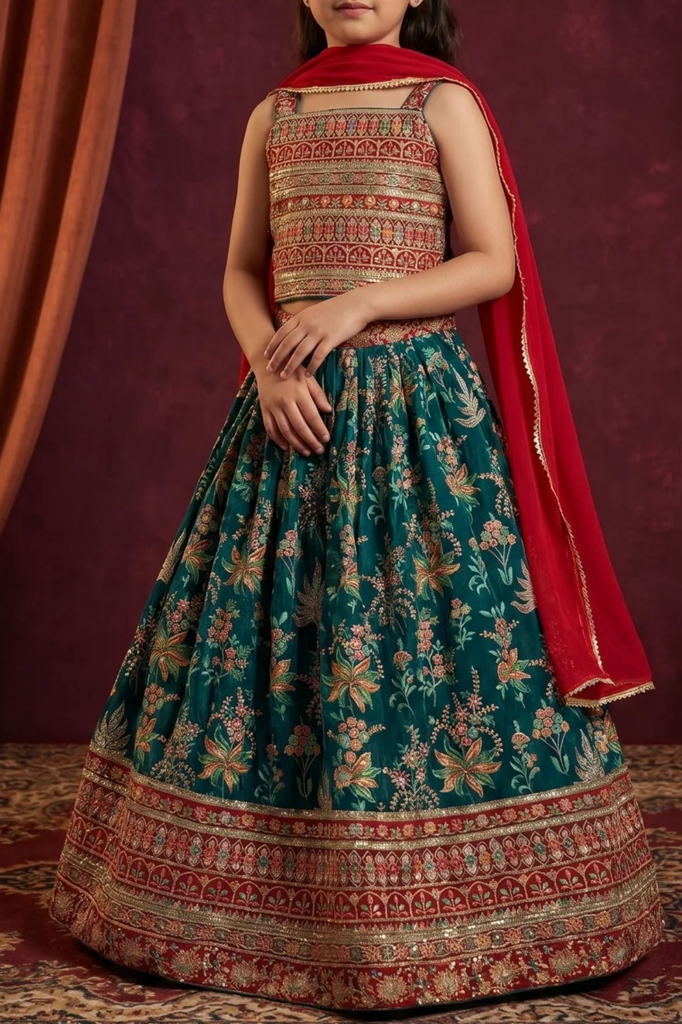 Girls Teal Green Floral Lehenga Choli with Dupatta and Traditional Embroidered Detailing
