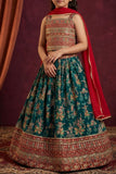 Girls Teal Green Floral Lehenga Choli with Dupatta and Traditional Embroidered Detailing