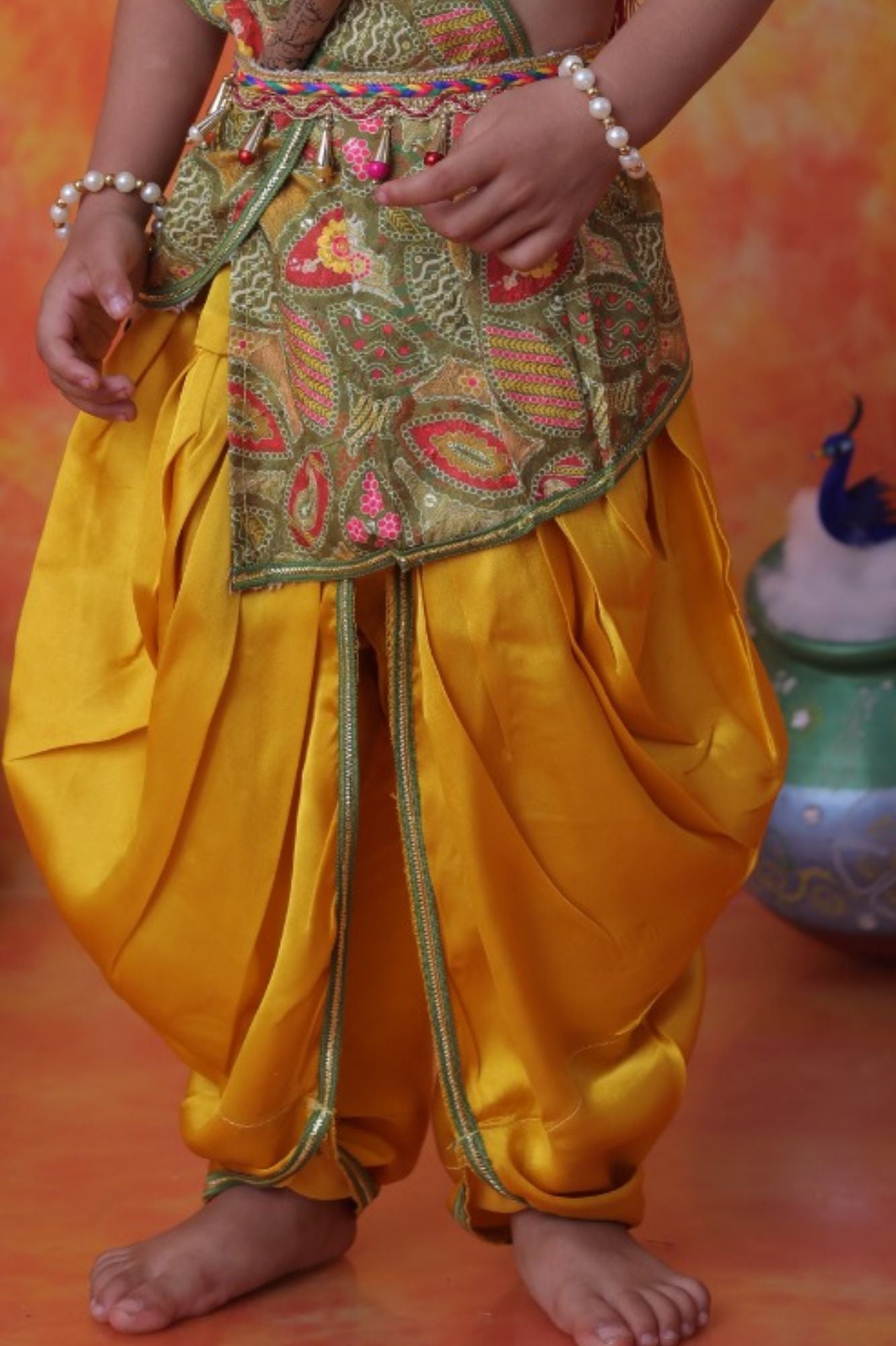 Mustard Yellow Krishna Janmashtami Dhoti Set with Paisley Print Angavastram for Boys
