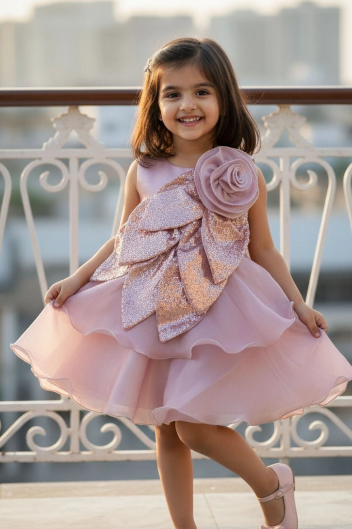 Dusty Pink Embellished Glitter Bow Party Dress for Girls