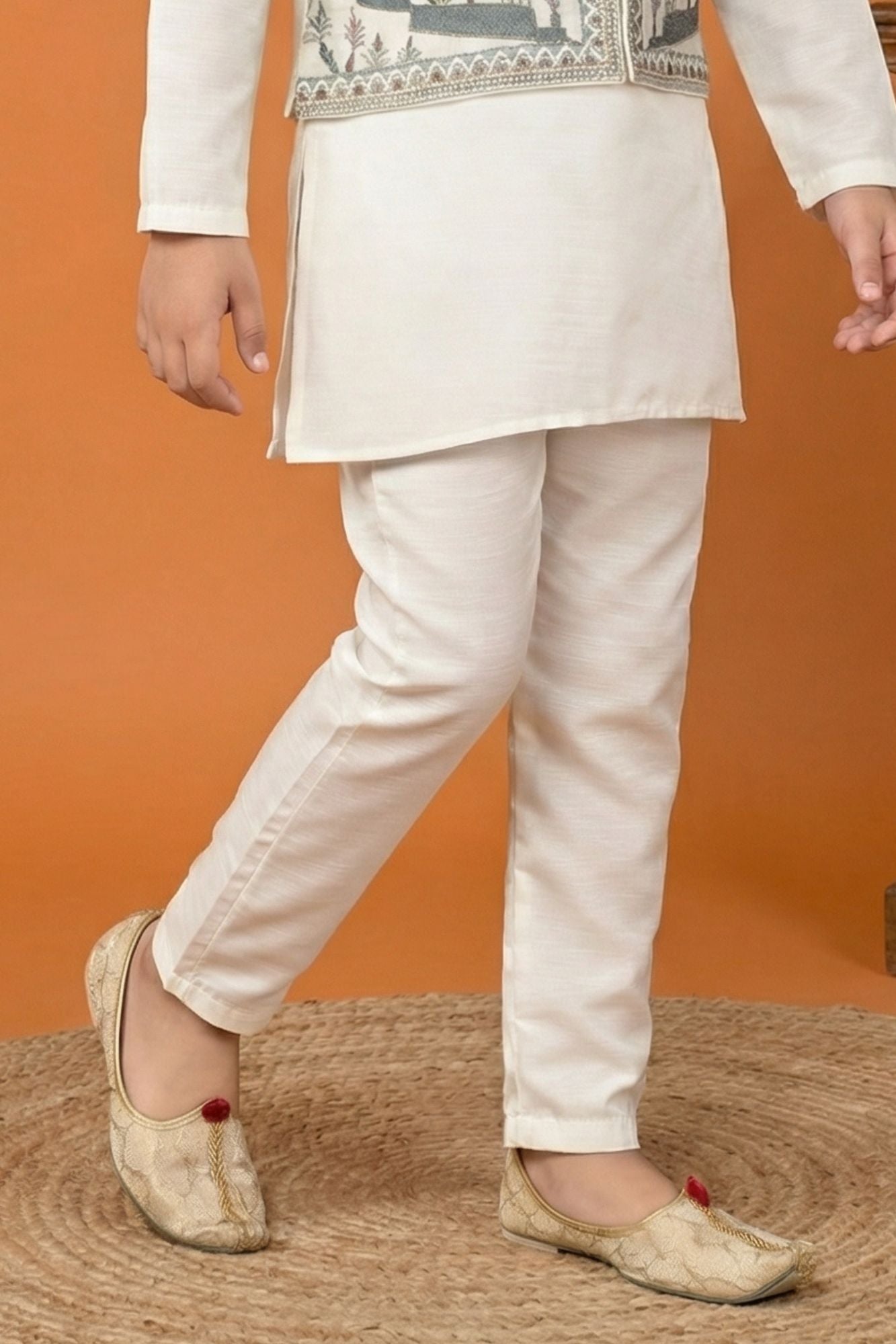 Cream Embroidered Kurta Set with Nehru Jacket For Boys