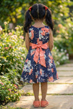 Navy Blue Floral Print Frock For Girls