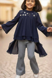 Blue Layered Tunic & Printed Pants Set For Girls