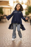 Blue Layered Tunic & Printed Pants Set For Girls