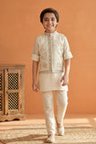 Cream Embroidered Kurta Set with Nehru Jacket For Boys