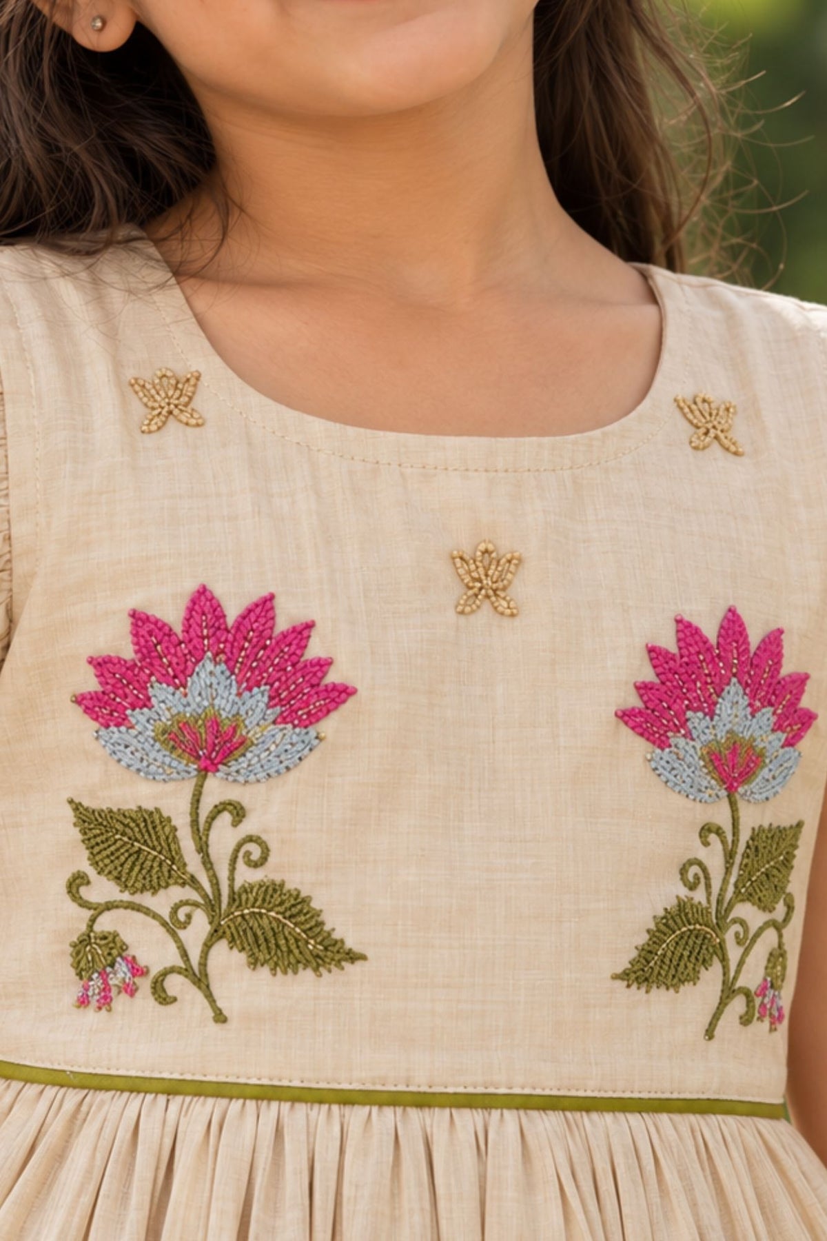 Girls Fawn Floral Embroidered Ruffle Sleeve Flared Dress