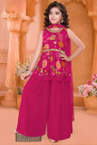 Rani Pink Palazzo Set With Embroidered Multicolor Peplum Top For Girls