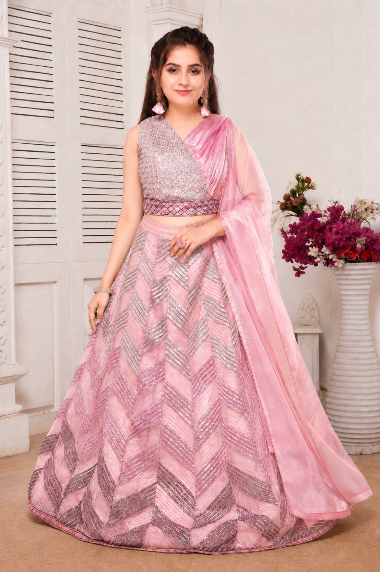 Blush Pink Chevron Lehenga Choli Set