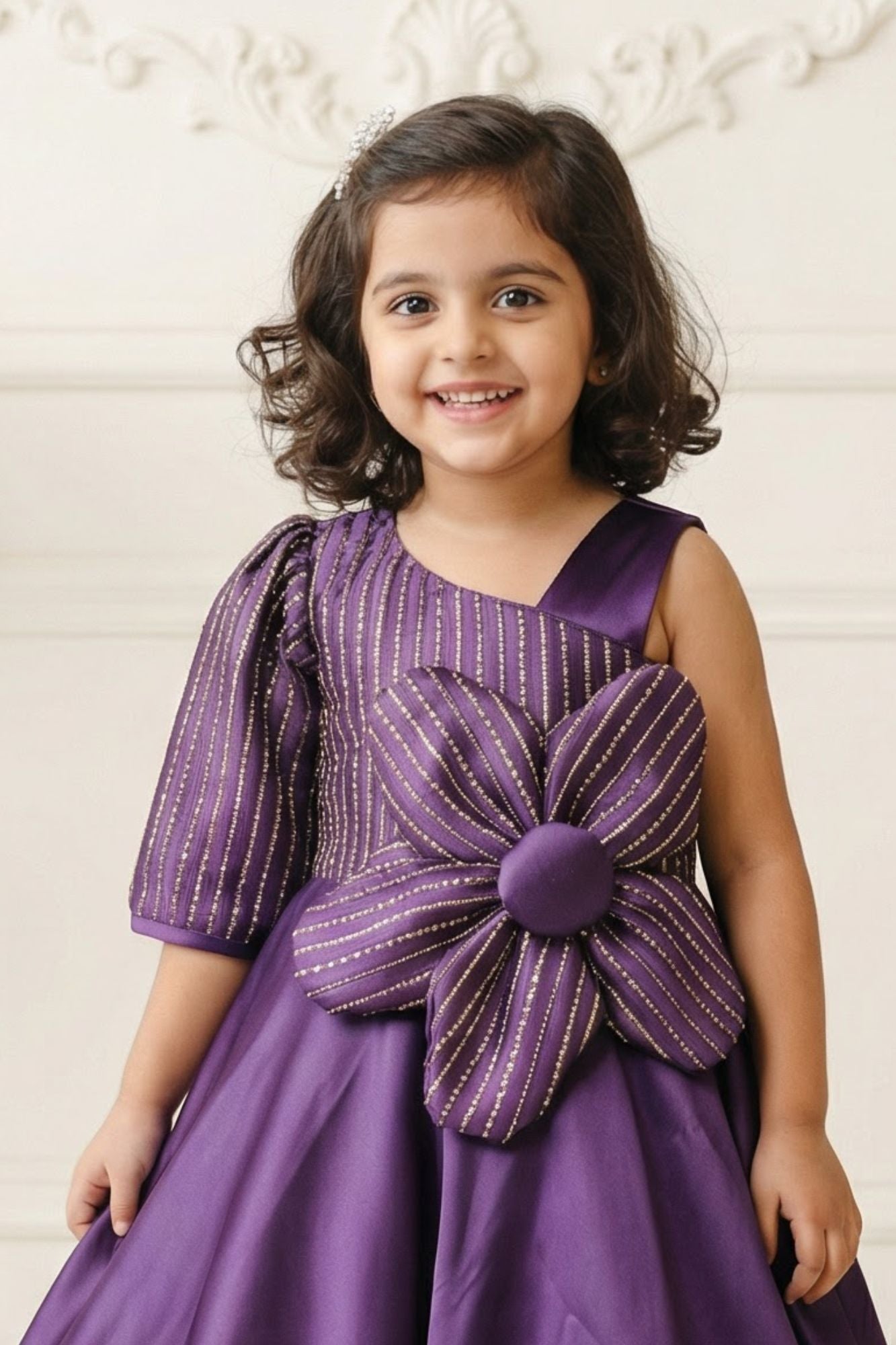 Wine Floral Embellished Party Gown For Girls