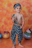 Navy Blue Krishna Janmashtami Dhoti Set with Leheriya Print Angavastram for Boys