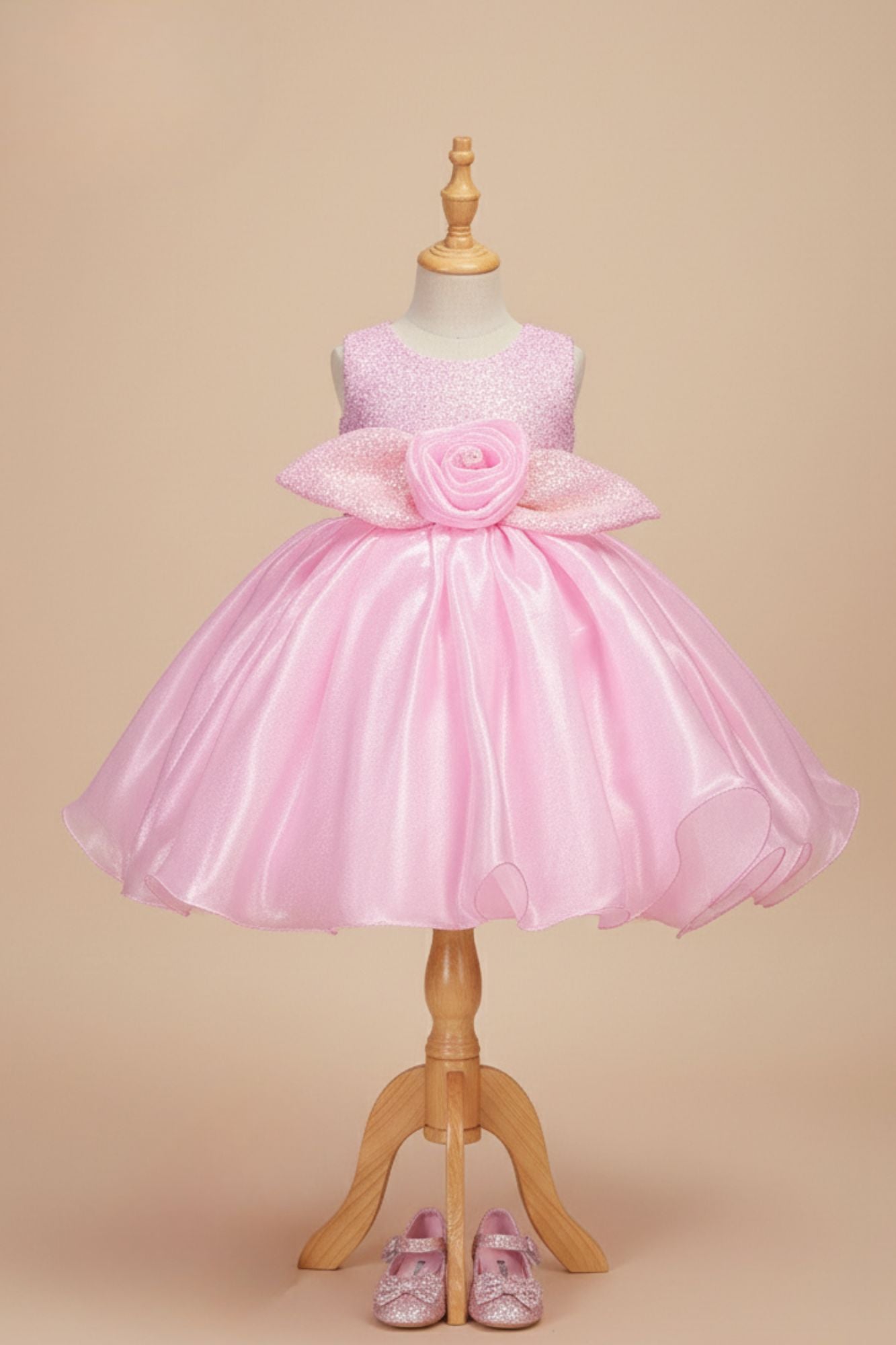 Pink Shimmer Party Wear Frock with 3D Floral Appliqué For Girls