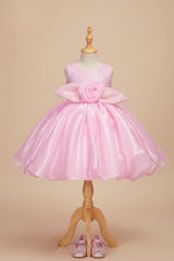 Pink Shimmer Party Wear Frock with 3D Floral Appliqué For Girls